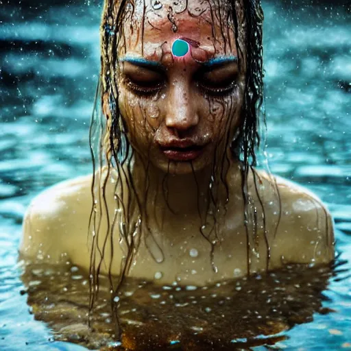 Image similar to wet three eyed goddess, third eye in middle of forehead, wide shot, wet hairy bodies, wet feet in water, soft colors, wet eye in forehead, pins, beautiful lighting, very detailed, wet eyes reflecting into eyes reflecting into infinity