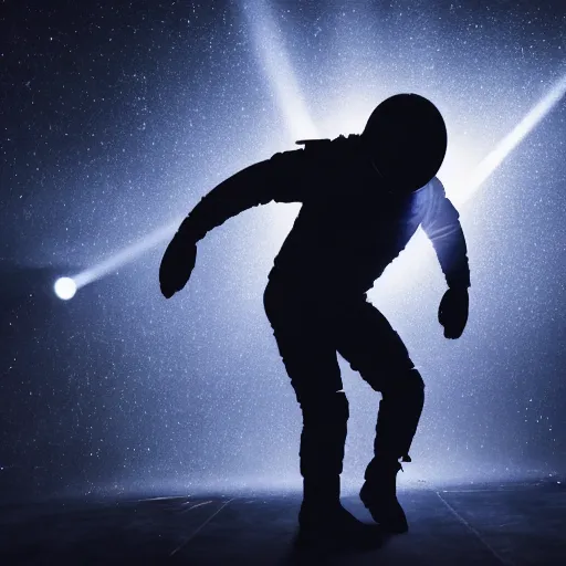 Image similar to astronaut silhouette with arms extended forward, bottom of arms lit by light coming from offcamera, light coming from below, dark background, lit from below, full body photo,, 8 k