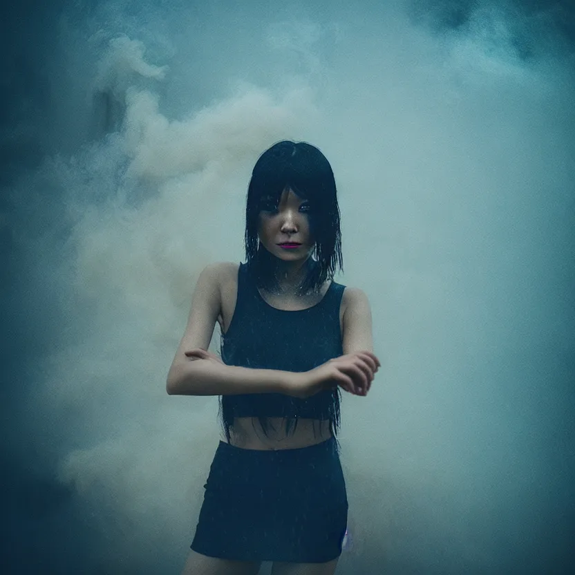 Prompt: a photo close up cyberpunk woman dance in heavy rain and smoke, cyberpunk gunma prefecture, midnight, photorealistic, cinematic lighting, highly detailed, bokeh, style by tomino - sama