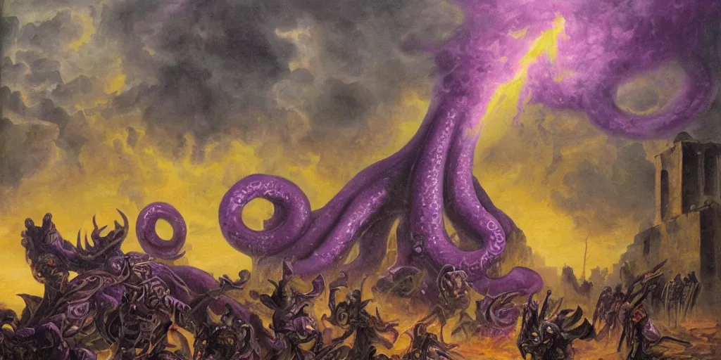 Prompt: giant purple tentacle demon. besieges ancient city. during lightning storm. oil painting. masterpiece.