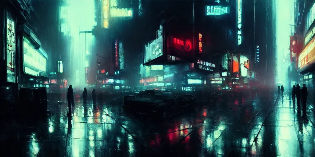 Image similar to beautiful painting by jeremy mann, cyberpunk street, neon signs, still from blade runner movie, desaturated, oil painting, perfect composition, detailed octane render trending on artstation, misty, ominous, unsettling, 8 k artistic photography, volumetric cinematic perfect light, wlop, artgerm, greg rutkowski