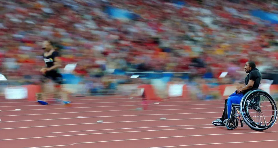 Prompt: man on a wheelchair competing in the 1 0 0 meter dash