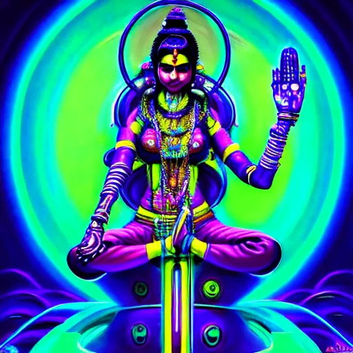 Image similar to Futuristic Cyberpunk laxmi Indian Goddess with Four Hands wearing a spacesuit sitting on a Lotus, sci-fi, neon colors, neon lights, fantasy, intricate, beautiful, elegant, attractive, highly detailed, digital painting, artstation, masterpiece, concept art, smooth, sharp focus, unreal engine 5, WLOP, Octane render, Symmetric, art by artgerm, hajime sorayama, William-Adolphe Bouguereau