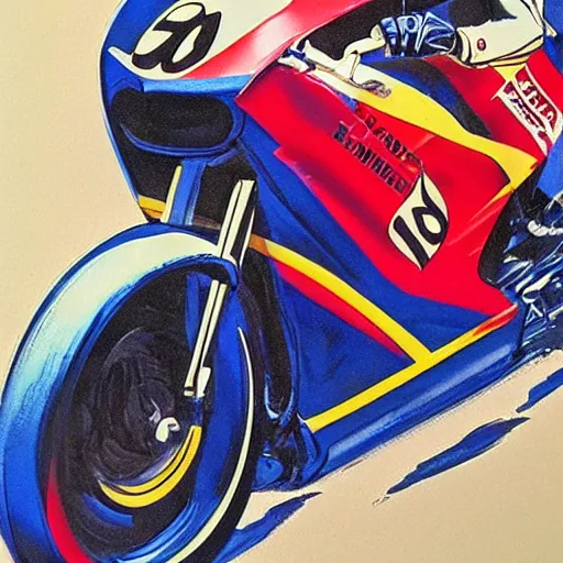 Prompt: photorealistic picture, by bob peak and alex ross, moto gp ads in 1 9 9 0 s, gouache and wash paints, fine details, fine intricate, fine facial proportionate, fine body proportionate, fine body posse, smooth sharp focus, sharp focus