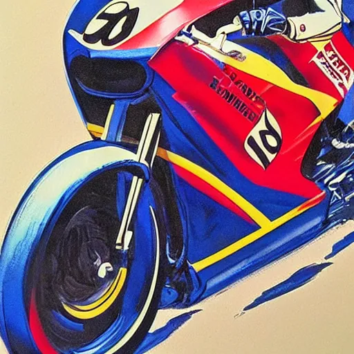 Image similar to photorealistic picture, by bob peak and alex ross, moto gp ads in 1 9 9 0 s, gouache and wash paints, fine details, fine intricate, fine facial proportionate, fine body proportionate, fine body posse, smooth sharp focus, sharp focus