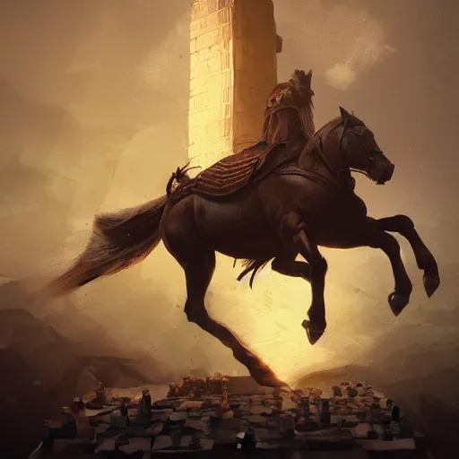 Prompt: a chess piece comes alive, the horse jumps over the tower piece in the wooden chessboard, fantasy art, in the style of greg rutkowski, illustration, epic, fantasy, cinematic, intricate, hyper detailed, artstation, concept art, smooth, sharp focus, ray tracing