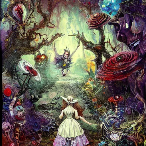 Prompt: alice in wonderland tripping on lsd, intricate detail, painting, royo, frazetta, whealan,