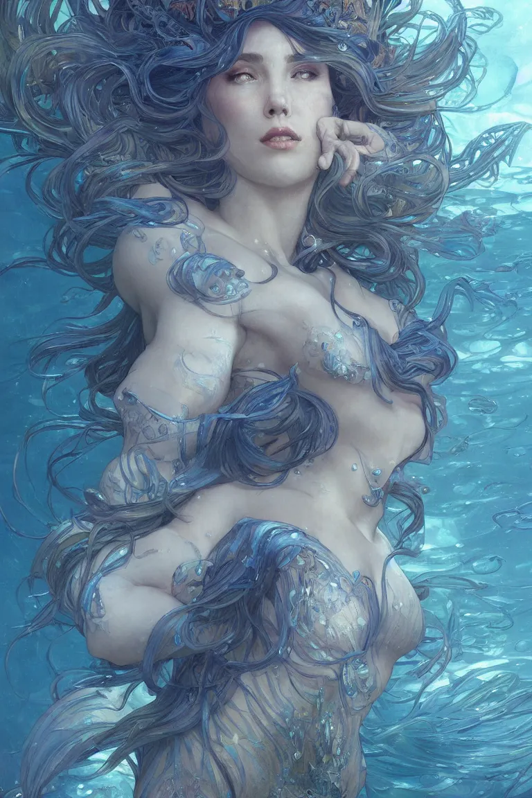 Prompt: a hyper detailed painting of a mermaid queen, blue tones, underwater, highly detailed, digital painting, artstation, concept art, smooth, sharp focus, illustration, art by artgerm and greg rutkowski and alphonse mucha