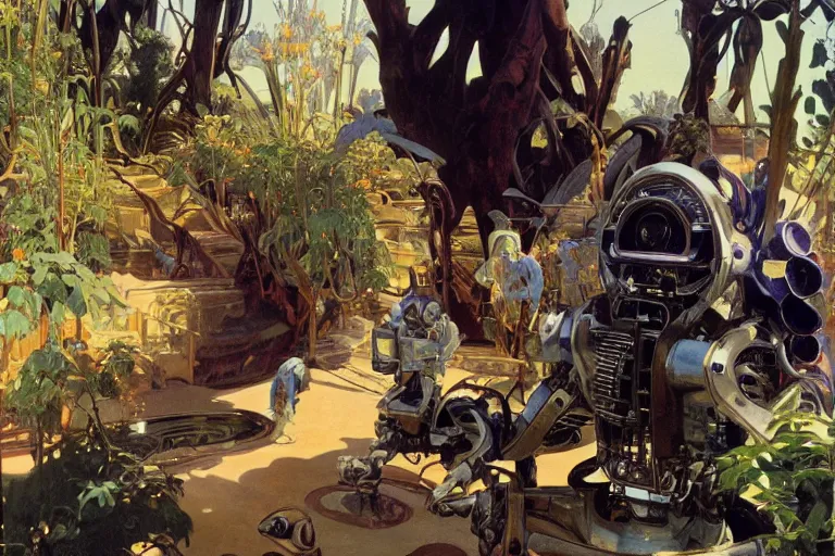 Image similar to natural landscape | robot repairing another robot, painting by syd mead and weta studio, alphonso mucha, james jean, frank frazetta, highly detailed, rule of third, soft lighting, 8 k resolution, oil on canvas, architectural magazine, beautiful detailed, insanely intricate details, artstation trending, hypermaximalistic, high details, cinematic