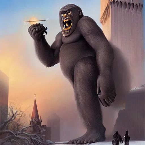 Image similar to angry king kong attacks winter kremlin, digital painting, very detailed environment, art by artgerm and boris vallejo