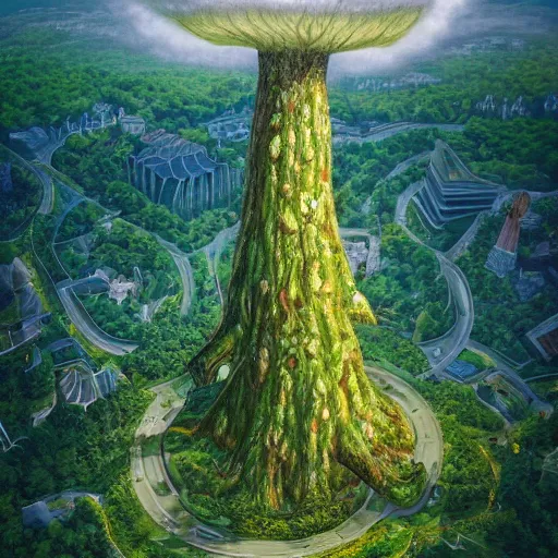 Image similar to Aerial view of A beautiful, gigantic, 1000-foot-tall leafy tree as big as a mushroom cloud, growing out of the center of a regular-sized modern city. The city is built upon the giant tree's roots and the base of its trunk. Fantasy art, oil painting.
