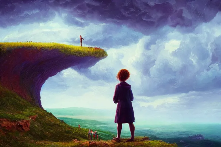 Image similar to giant corn flower as a head, girl standing on cliff, surreal photography, stars, dramatic light, impressionist painting, storm clouds, digital painting, artstation, simon stalenhag