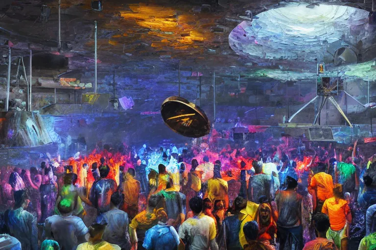 Image similar to palette knife oil painting of psychedelically lit exposed concrete walls, a crowd of clubbers, surrounding a cement fighting pit shaped like a satellite dish., extreme detail, artstation trending, artgerm, any racial background, deviant art, octane, substance, art history 8 k