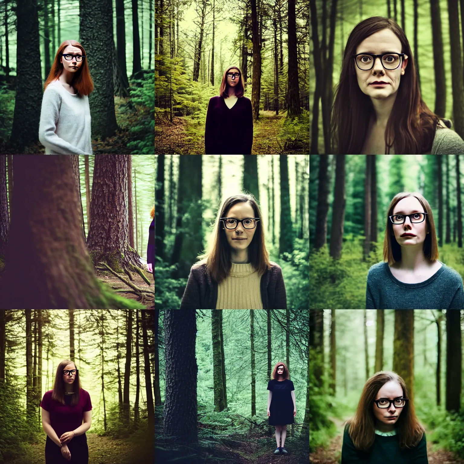 Prompt: a woman wearing glasses standing in front of a forest, a character portrait by zoe mozert, high quality photo, tumblr contest winner, barbizon school, contest winner, matte photo, # myportfolio