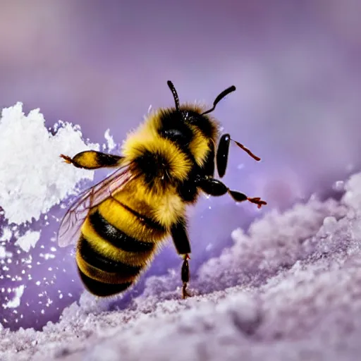 Image similar to a bee finding a beautiful flower made of snow in antarctica, only snow in the background, beautiful macro photography, ambient light