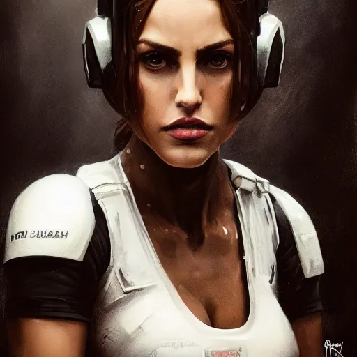 Image similar to portrait of a woman by greg rutkowski, eiza gonzalez as a weyland - yutani mercenary, from aliens franchise, she is about 3 0 years old, military composure, wearing white and black colored tactical gear, highly detailed portrait, digital painting, artstation, concept art, smooth, sharp foccus ilustration, artstation hq