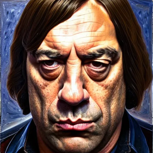 Image similar to javier bardem as anton chigurh in no country for old men. neutral menacing stare. oil painting by lucian freud. path traced, highly detailed, high quality, j. c. leyendecker, drew struzan tomasz alen kopera, peter mohrbacher, donato giancola