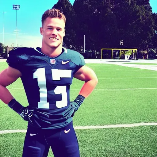 Image similar to “ a realistic detailed photo of a guy who is an attractive humanoid who is half robot and half humanoid, who is a male android, football player christian mccaffrey, shiny skin, posing like a statue, blank stare, on the field, on display ”