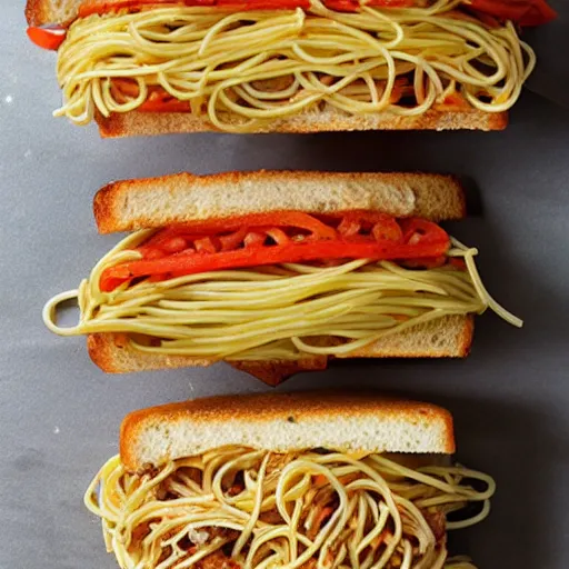 Prompt: a spaghetti sandwich, cookbook photo