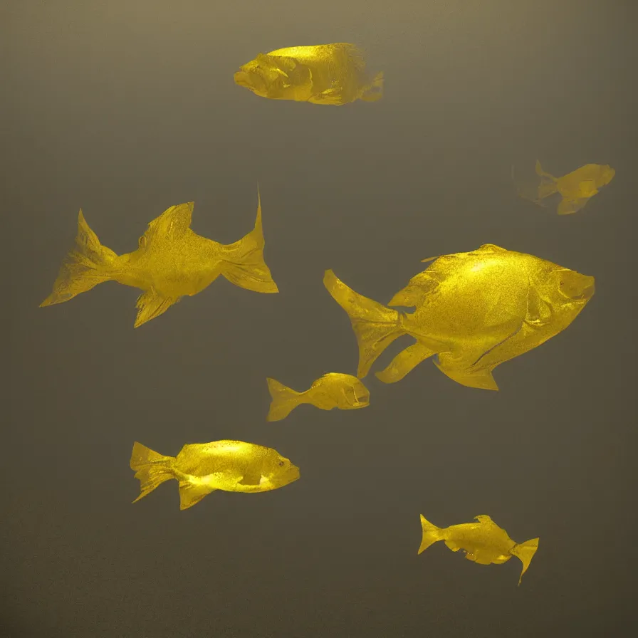 Image similar to a desolate golden glowing fish! swims in magical water with caustics and volumetric lighting, photorealistic painting