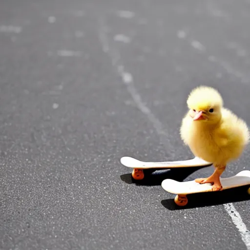 Image similar to a baby chick riding a skateboard