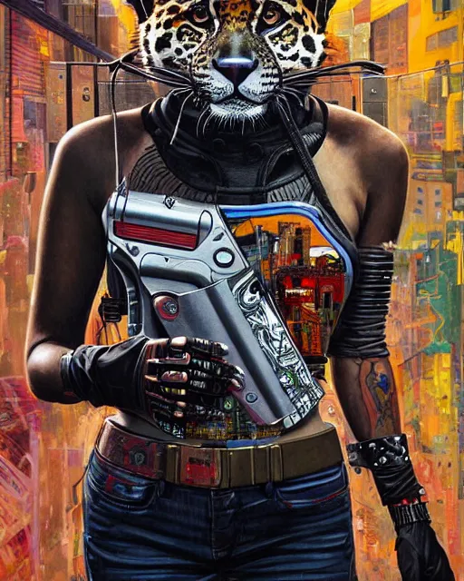 Prompt: a portrait of an anthropomorphic cyberpunk jaguar by sandra chevrier, by jon foster, detailed render, pistol in holster, tape deck, epic composition, cybernetics, 4 k realistic, cryengine, realistic shaded lighting, sharp focus, masterpiece, by enki bilal