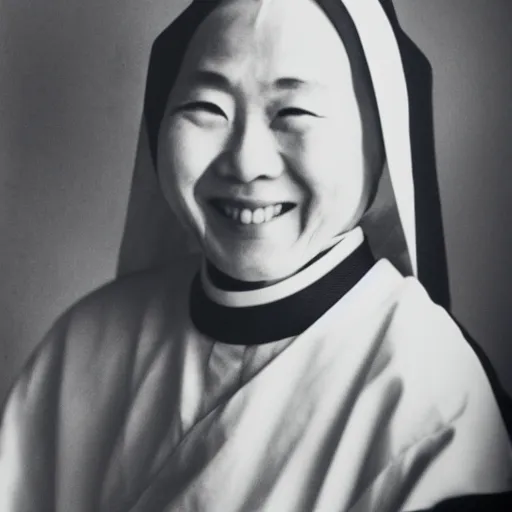 Prompt: photograph of a japanese nun smiling at the camera