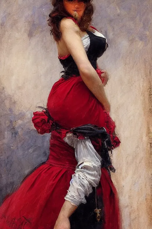 Image similar to Richard S. Johnson and Solomon Joseph Solomon and Richard Schmid and Jeremy Lipking victorian genre painting full length portrait painting of a young beautiful woman traditional german french barmaid in fantasy costume, red background