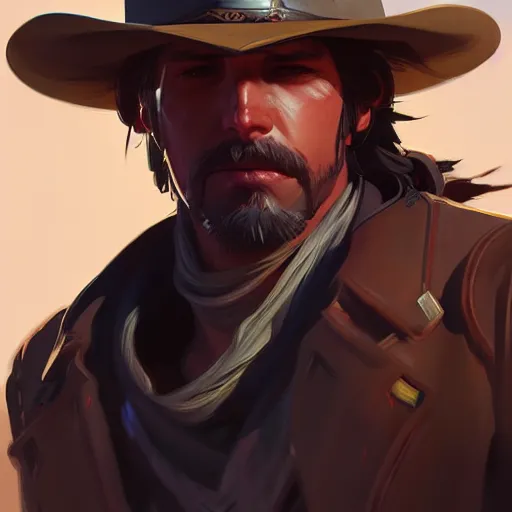 Prompt: Portrait of Mccree from Overwatch ,highly detailed, digital painting, artstation, concept art, sharp focus, illustration, art by greg rutkowski and alphonse mucha
