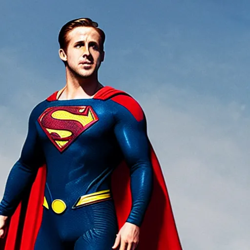 Image similar to Photo of Ryan Gosling as Superman, floating