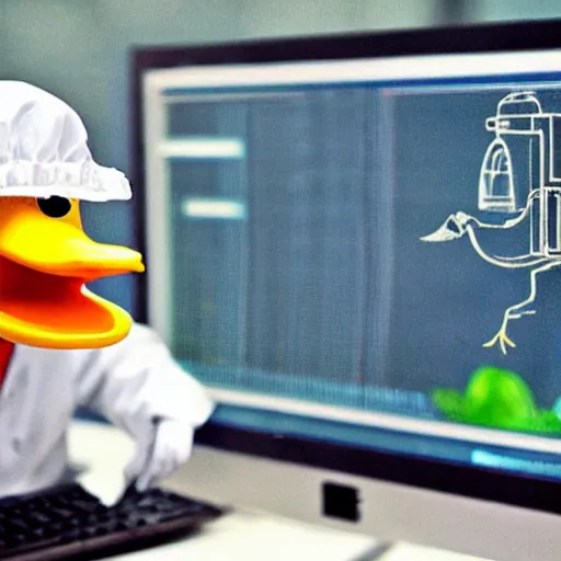 Image similar to a duck wearing a labcoat, computers in the background