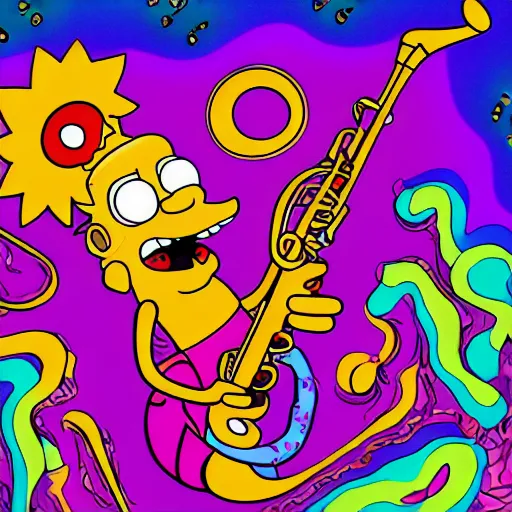 Image similar to Lisa Simpson falling into a giant saxophone, psychedelic art, uhd, matte painting