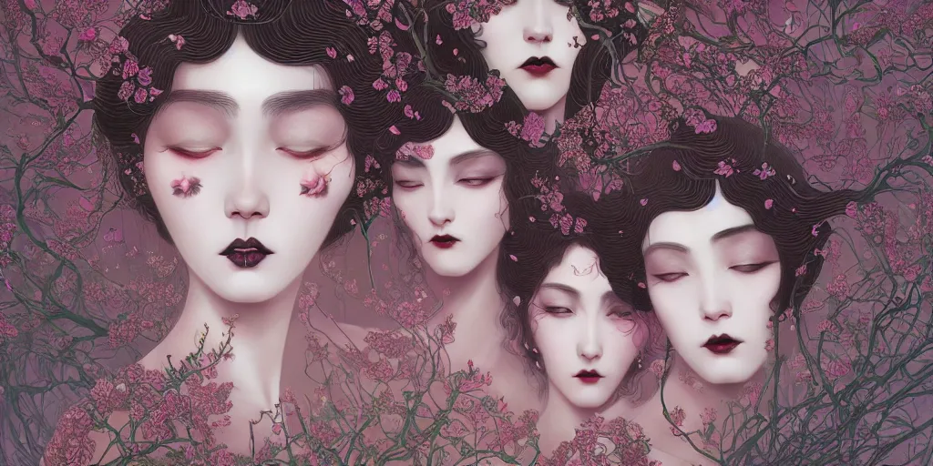 Image similar to breathtaking detailed concept art painting art deco pattern of goth faces goddesses amalgamation flowers, by hsiao - ron cheng, bizarre compositions, exquisite detail, extremely moody lighting, 8 k