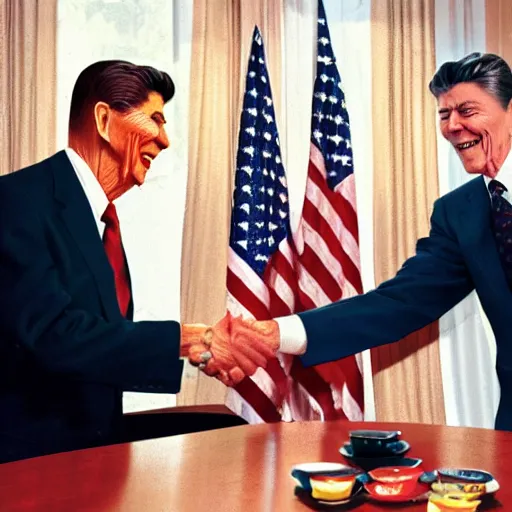 Prompt: ronald mcdonald shaking hands with ronald reagan at table, hd hyperrealistic