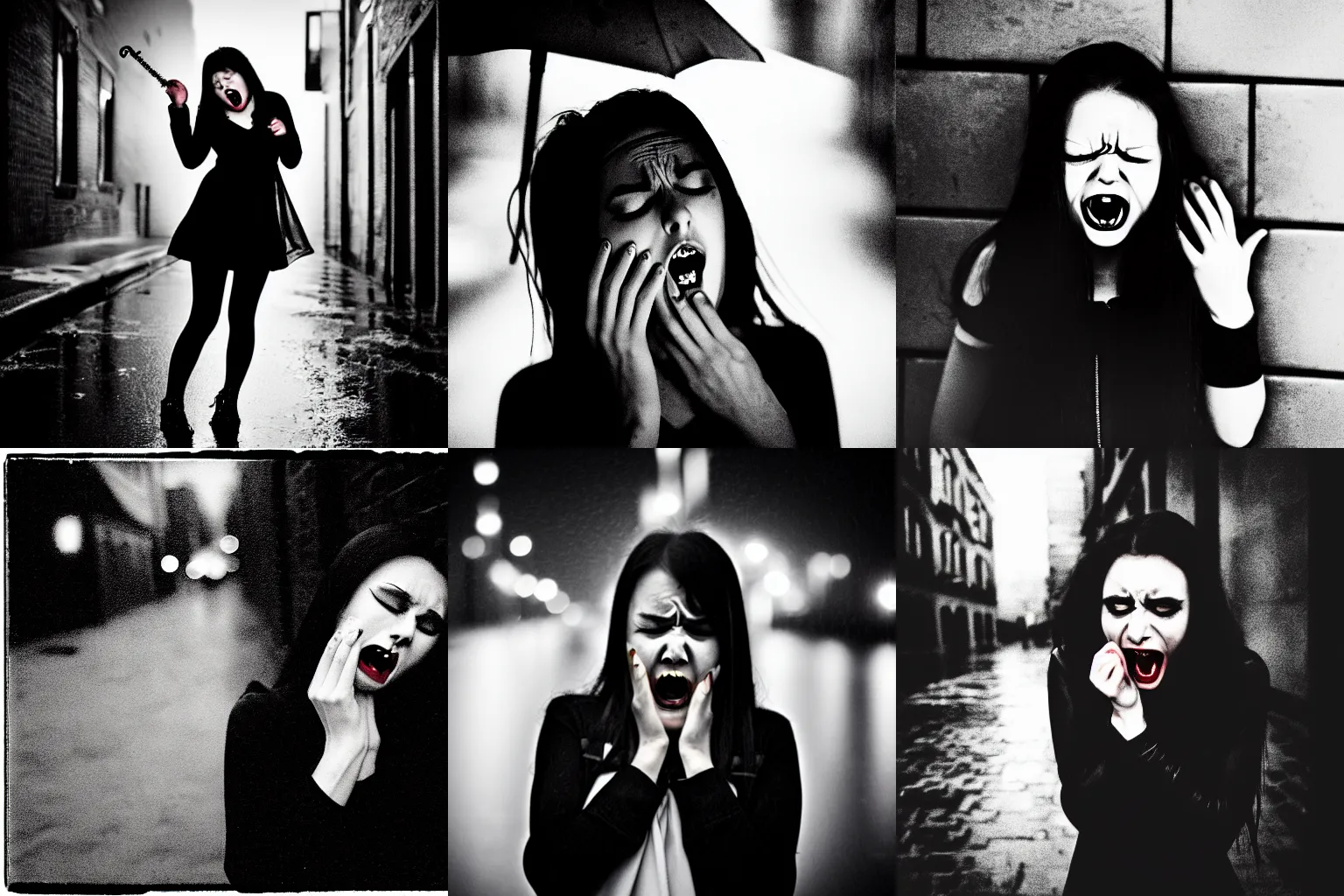 Prompt: cute female vampire crying in a rainy alley at night, black and white photograph, album cover