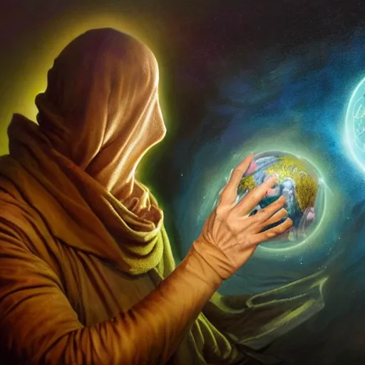 Image similar to the creator of worlds wearing a cloak and holding a holographic planet projection in his hand, face covered in cloth, detailed, sci - fi, digital painting, artstation, sharp focus, illustration, ominous, artgerm, tomasz alen kopera, peter mohrbacher, donato giancola, joseph christian leyendecker, wlop, frank frazetta