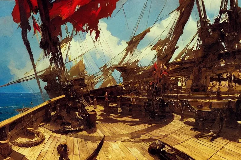 Image similar to pirate ship deck interior, intricate, elegant, highly detailed, vivid colors, john harris, frazetta, tyrus wong, ruan jia, jeffrey catherine jones