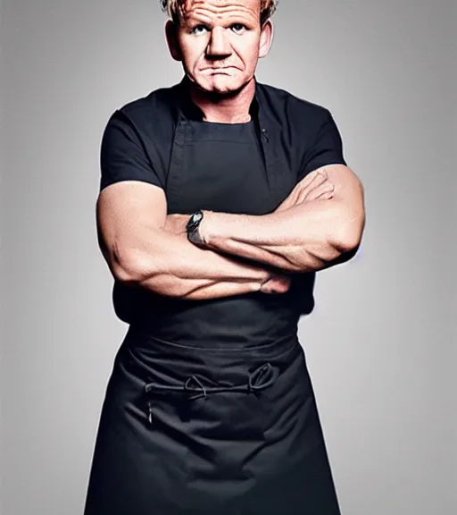 Prompt: A medium shot of Gordon Ramsay in a chef uniform crossing his arms, oil on canvas, high-key lighting