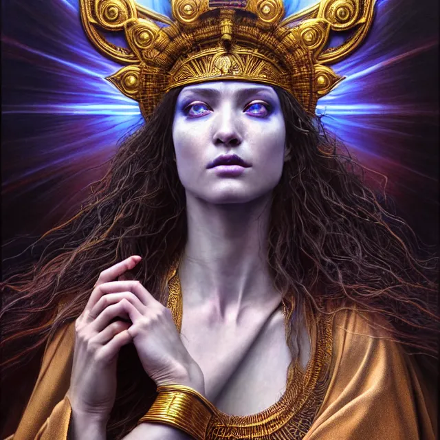 Prompt: hyperrealistic mixed media painting of a beautiful female priestess, stunning 3d render inspired art by P. Craig Russell and Barry Windsor-Smith + perfect facial symmetry + dim volumetric lighting, vibrant dark wavy hair, ornate flowing silvered robes, dizzy, full body, 8k octane beautifully detailed render, post-processing, extremely hyperdetailed, intricate, epic composition, grim yet sparkling atmosphere, cinematic lighting + masterpiece, trending on artstation, very very detailed