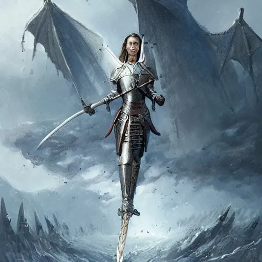 Image similar to emily blunt as a medieval knight, sword plunging into a dragon, shield held high protecting her from its flaming breath, fantasy art by greg rutkowski