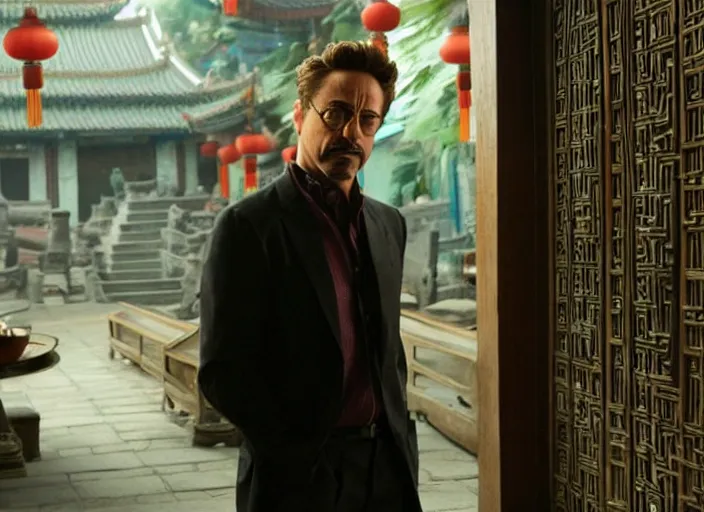 Image similar to film still of Robert Downey Jr as Cobb in an ancient chinese temple in Inception, 4k