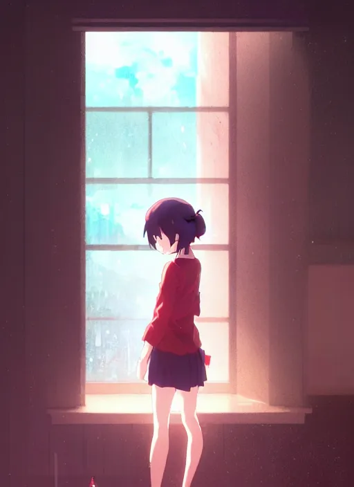 Image similar to girl near the window, rainy outside, illustration concept art anime key visual trending pixiv fanbox by wlop and greg rutkowski and makoto shinkai and studio ghibli