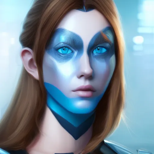 Prompt: a woman with a futuristic look and blue eyes, a character portrait by senior character artist, trending on cgsociety, digital art, artstation hd, artstation hq, polycount