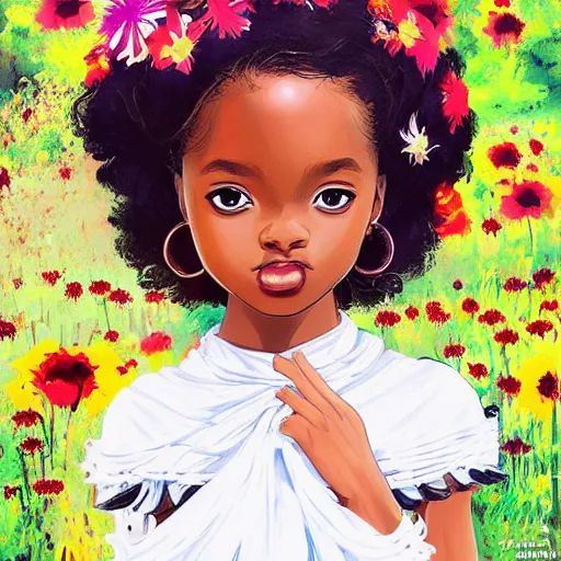 Image similar to little african girl with flowers in hair wearing an white dress. art by ilya kuvshinov, profile picture, inspired in hirohiko araki, realistic, highly detailed, 8 0 s anime art style, vogue cover