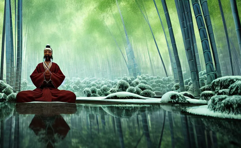 Prompt: a samurai meditating in a snowy bamboo forest, small flowing stream, cinematic action angle, 8k Octane render, ArtStation illustration