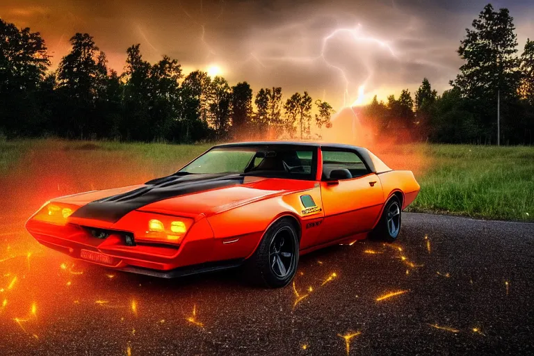 Image similar to pontiac firebird with glowing paint, sunrise, eerie light, fireflies, dog watching the car, dramatic, cinematic, forest, horror, sunbeams, volumetric lighting, wide shot, low angle, lightning storm hitting the car