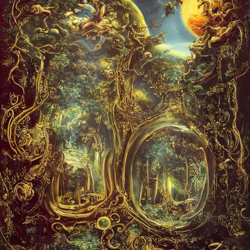 Image similar to the portal to mysterious adventure. decorated with foliage, faberge, and filigree. pulp sci - fi art for omni magazine. cosmic. baroque period, oil on canvas. renaissance masterpiece