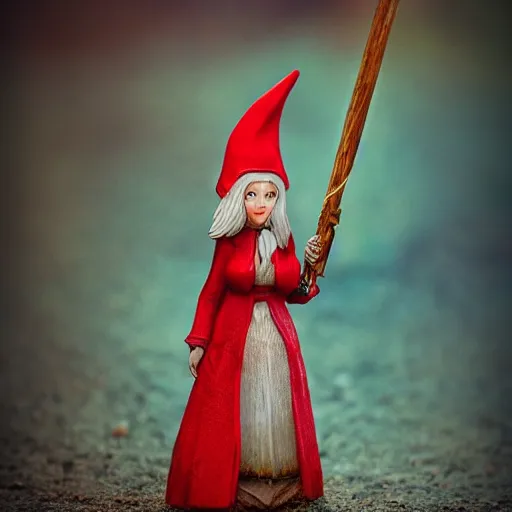 Image similar to 80mm resin model figure female gnome wearing long red coat and holding open spellbook, highly textured, fantasy, D&D, HDR, , natural light, medium close shot, tilt shift, dynamic pose, award winning photograph!, Mucha style