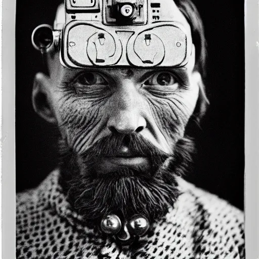 Prompt: photo of a cyborg as vincent van gogh, by diane arbus, black and white, high contrast, rolleiflex, 5 5 mm f / 4 lens