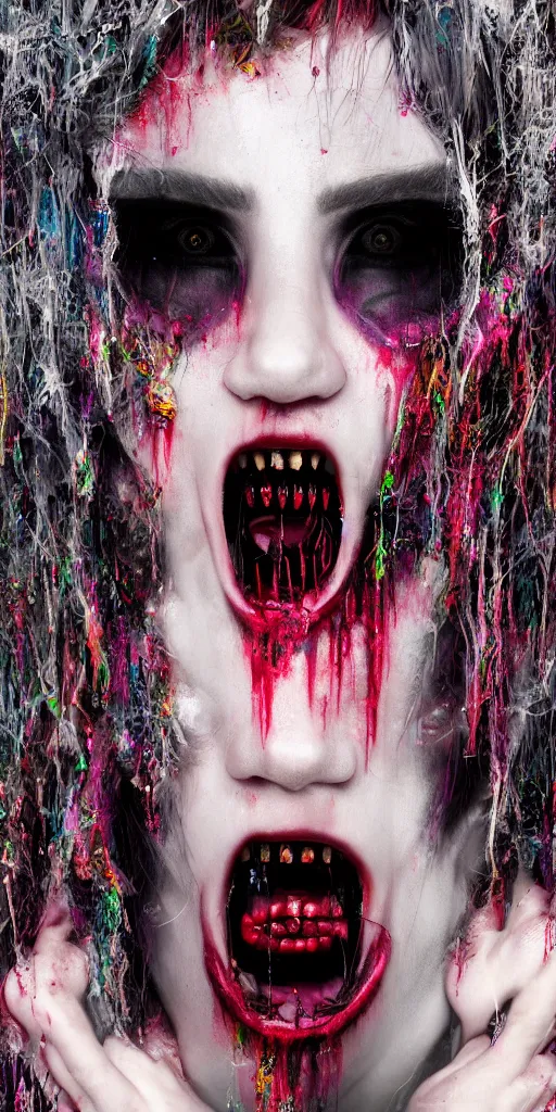 Image similar to impossibly beautiful vampire with large vampire fangs, full body, intricate complexity, horror, psychedelic glitch art, rainbow drip paint, trending on art station, photoreal, 8k, octane render